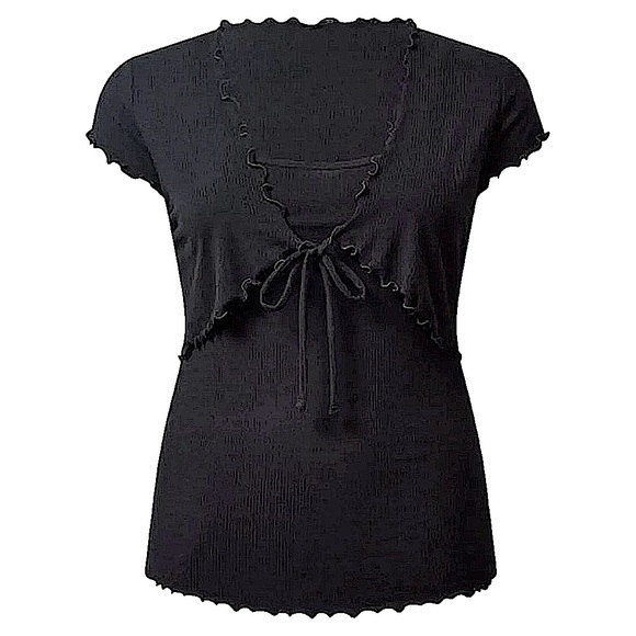 TORRID Black Fitted Supersoft Rib Lettuce‎ Edge Cami Shrug Set NWT - Picture 1 of 5